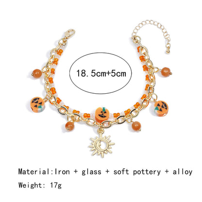 Halloween Chain Rice Beads Double Layer Moon Sun Pumpkin Clay Pendant Bracelet