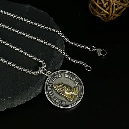 Men's Prayer Hand Metal Coin Necklace