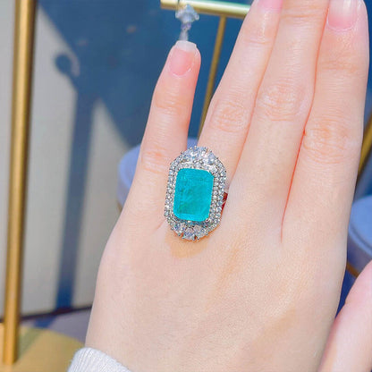 Luxurious Full-diamond Paraiba Color Treasure Open Ring Imitation Natural Cotton Emerald Ring