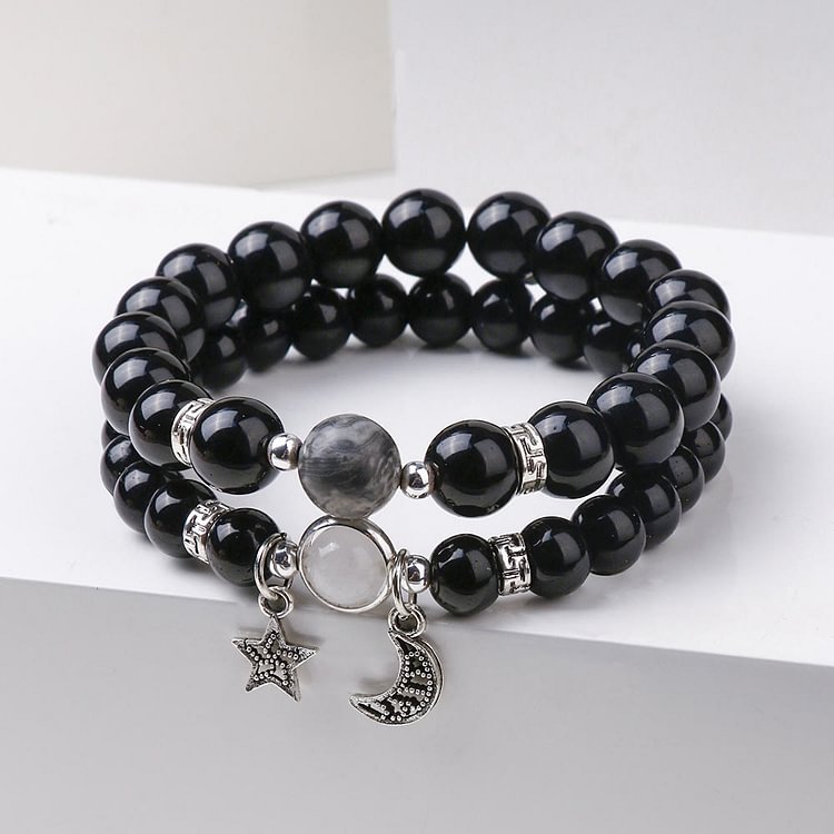 Blue Sandstone Obsidian 6mm Beaded Star and Moon Bracelet