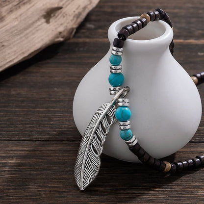 Turquoise Wooden Bead Feather Pendant Bohemian Necklace