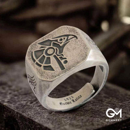 The God Of The Sky - Horus and Anubis Sterling Silver Ring