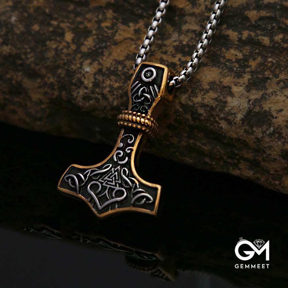 Viking Thor Hammer Triangle Rune Titanium Steel Necklace