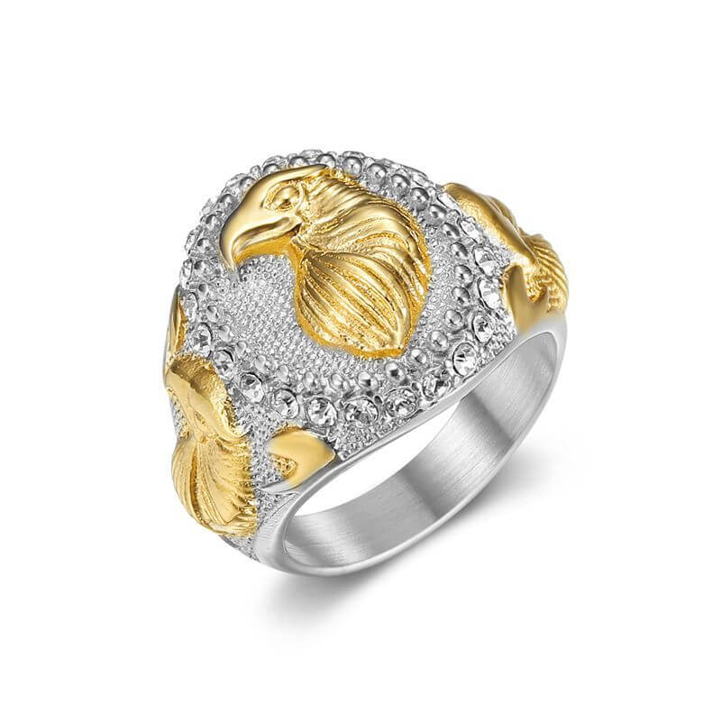 Animal HIPHOP Titanium Steel Rhinestone Gold-plated Two-tone Eagle Men's Ring