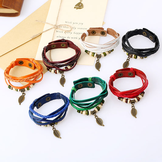 Braided Vintage Leaf Pendant Leather Bracelet