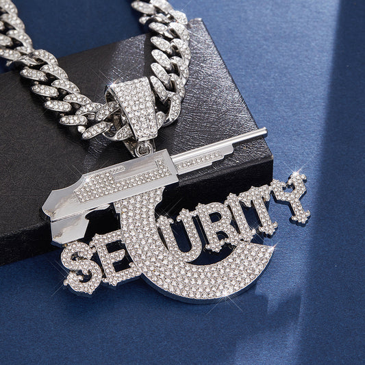 Hip Hop Punk Style Security Letter Pendant Necklace, Iced Out Cubic Zirconia, Cuban Link Chain, Cool Bling Fashion Jewelry, 18 Inch Length, 0.47 Inch Width, Tone