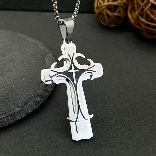 Stainless Steel Cross Pendant Necklace, 3D Vintage Fashion, 2.55" x 1.33" with 23.6" Chain, Stylish Religious Jewelry for Men and Women