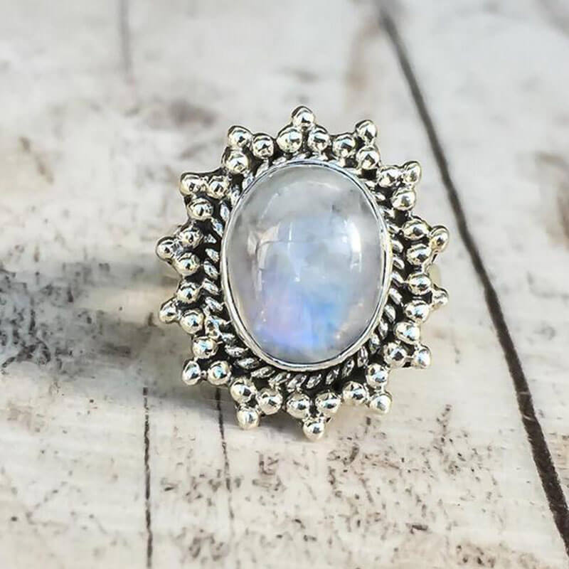 Big Oval Cut Moonstone Halo Sunflower Ring