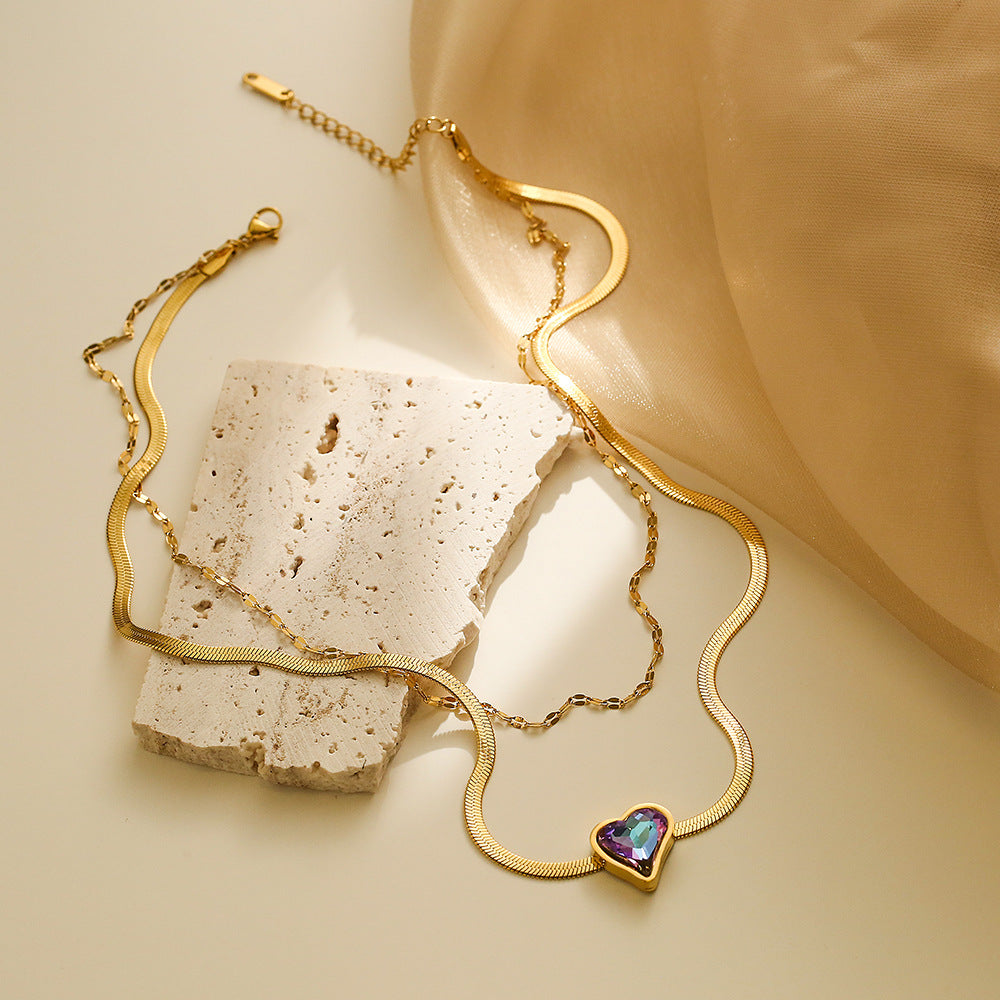 Heart & Square Shape Pendant 2 Layers Necklace