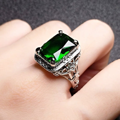 New Pigeon Blood Imitation Ruby Ring Hollow Pattern Square Imitation Emerald Tourmaline Ring