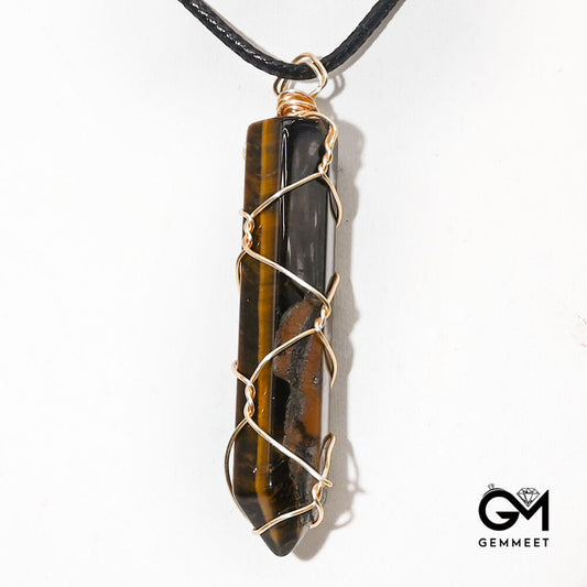 Tiger Eye Hexagon Column Wrapped Pendant Necklace