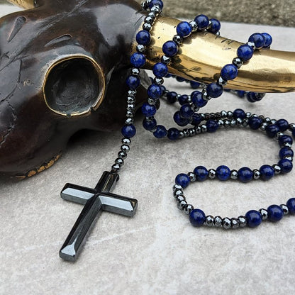 Tiger Eye Lapis Lazuli Cross Men Rosary Necklace