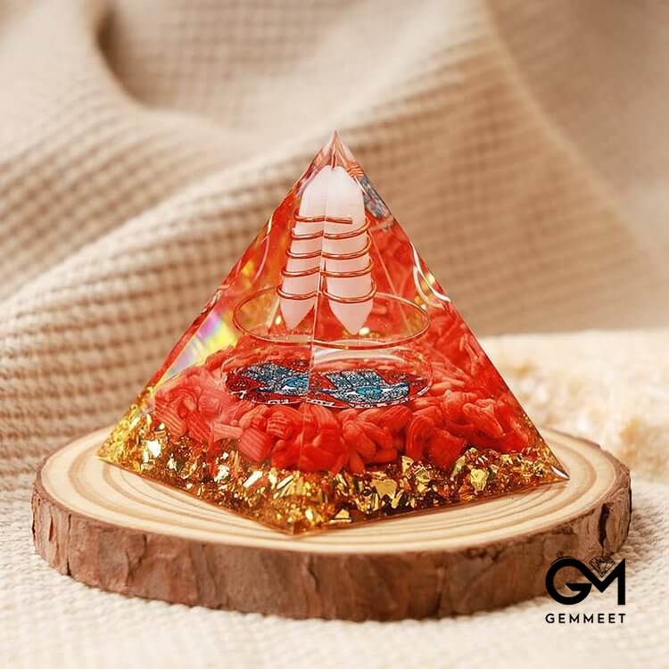 Opal With Red Coral Hamsa Orgone Pyramid