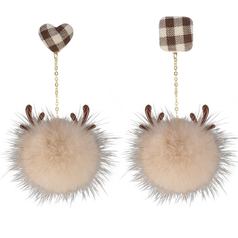 Christmas Elk Fur Ball Brown Girl Sweet Earrings Without Pierced Ear Clips