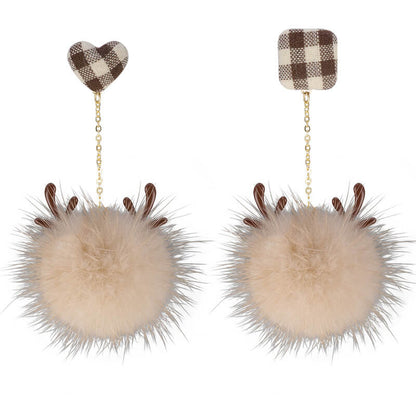 Christmas Elk Fur Ball Brown Girl Sweet Earrings Without Pierced Ear Clips