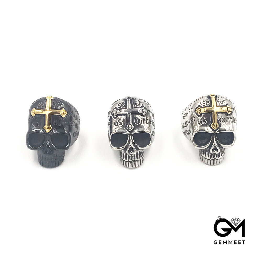 Stainless Steel Cross Skull English Ring