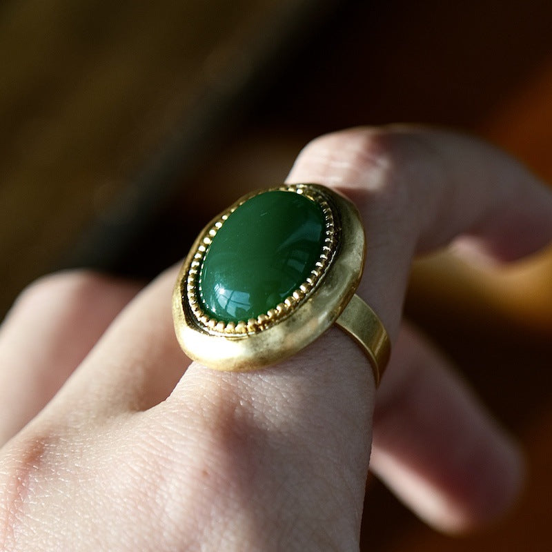 Retro Emerald Ring Ins Niche Design Light Luxury Copper Ring