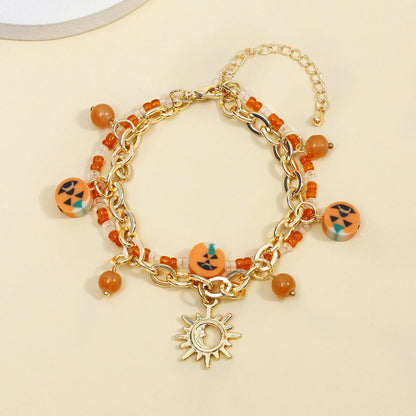 Halloween Chain Rice Beads Double Layer Moon Sun Pumpkin Clay Pendant Bracelet