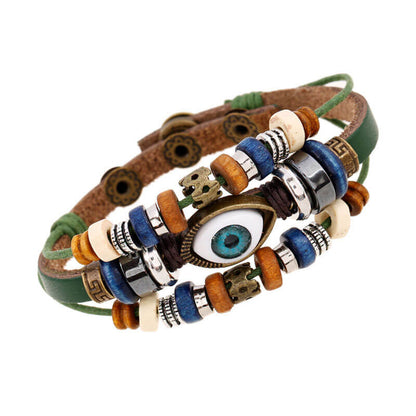 New Beaded Eyes Leather Bracelet Pull Adjustment Couple Leather Bracelet