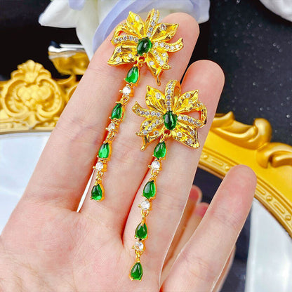 High-quality Imitation Emerald Earrings Super Fairy Bow Long Tassel Earrings