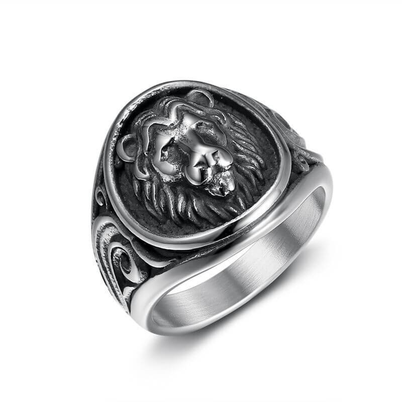 Vintage Punk Animal Lion Head Grass Pattern Men's Ring