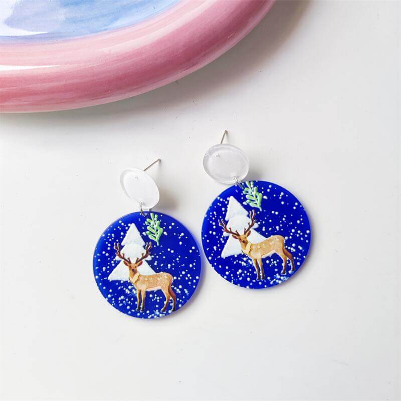 Christmas Vintage Embossed Print Holiday Acrylic Earrings Elk Snowman Christmas Tree