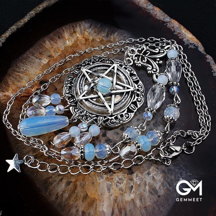 Witch Gothic Pentagram Opalite Star Crystal Beads Necklace