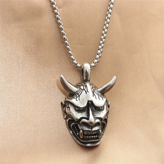 Stainless Steel Vintage Hannya Demon Pendant Necklace for Men, 23.6-inch Chain, 1.85x1.1 inches, Biker Gothic Jewelry