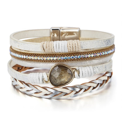 Golden Rutilated Quartz Woven Multi-layered Leather Bracelet