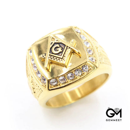 Gold Stainless Steel Crushed Zircon AG Masonic Ring