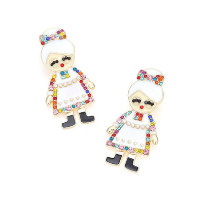 Christmas Cartoon Character Earrings New Christmas Grandma Dripping Oil Earrings Exaggerated Full Color Zircon Earrings