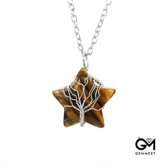 Crystal Pentagram Wound Tree of Life Necklace