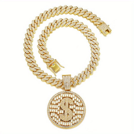 Hip Hop Iced Out Dollar Sign Shield Pendant Necklace with 20 inch Cuban Link Chain, Cool Punk Style Full Zirconia Jewelry, 5.5cm Pendant, Options