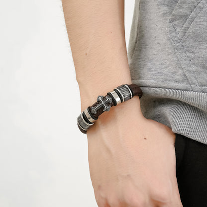 Cross Leather Braided Bracelet with Magnetic Buckle for Men