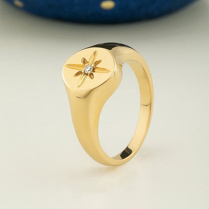 Gypsy Setting Octet Gold Shining Star Signet Ring