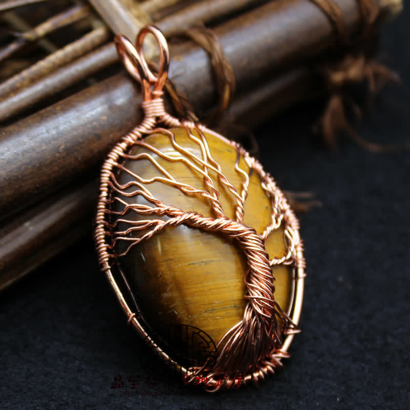 Oval Tiger Eye Tree Of Life Gemstone Necklace