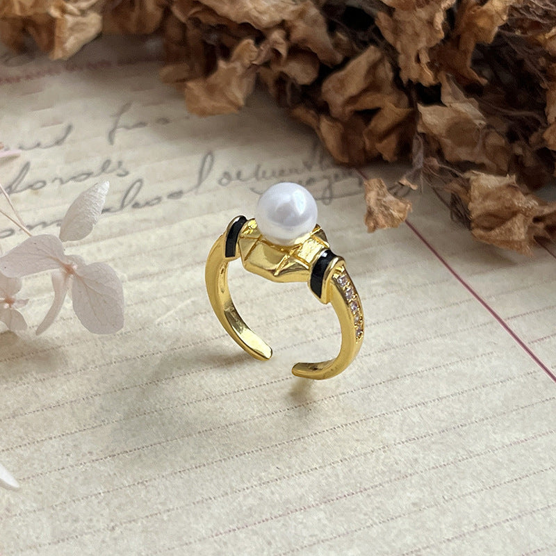 Vintage Black Gold Drop Glazed Pearl Ring