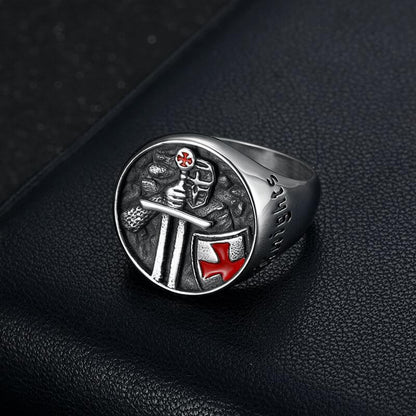 Templar Templar Inscription Red Epoxy Cross Men's Ring