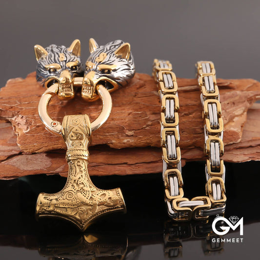 Gold Stainless Steel Wolf Head Thor Hammer Necklace