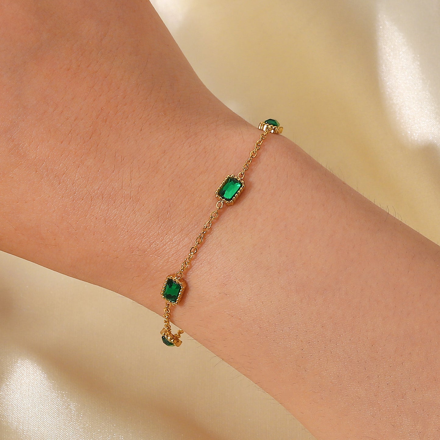 Rectangle Shape Green Crystal Chain Bracelet