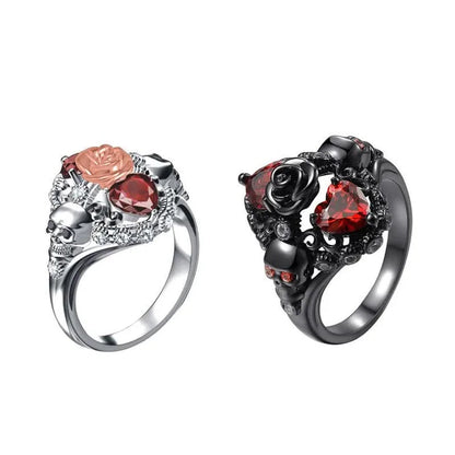 Retro Skull Love Heart Ruby Ring