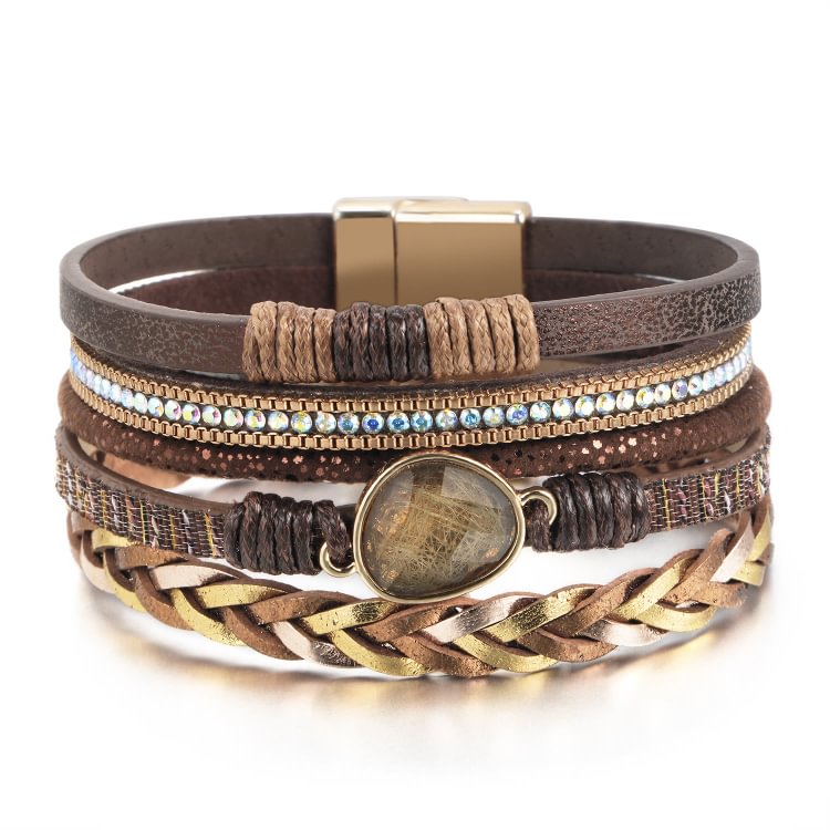 Golden Rutilated Quartz Woven Multi-layered Leather Bracelet