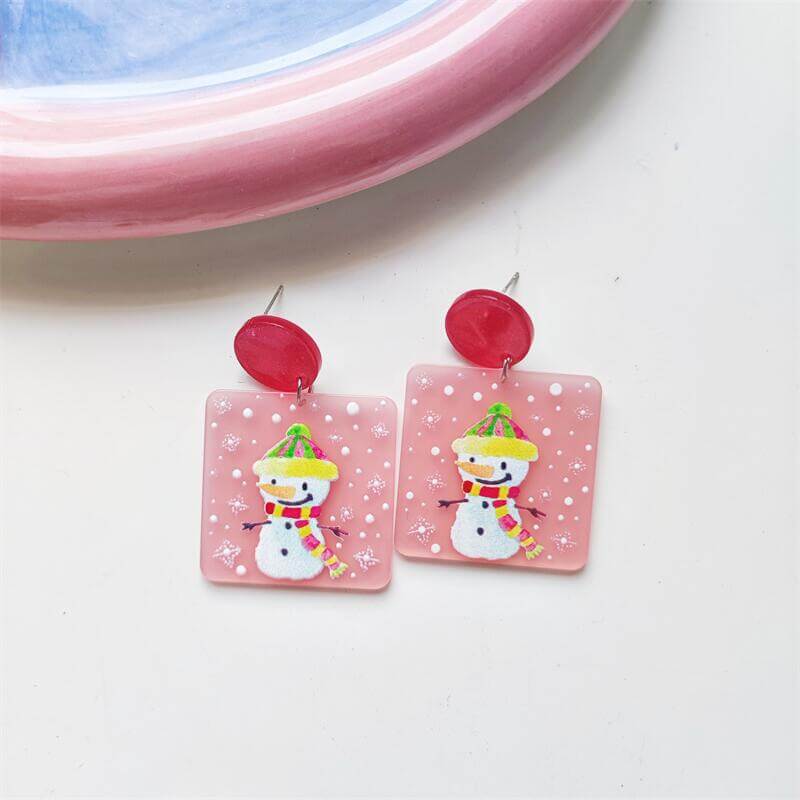 Christmas Vintage Embossed Print Holiday Acrylic Earrings Elk Snowman Christmas Tree