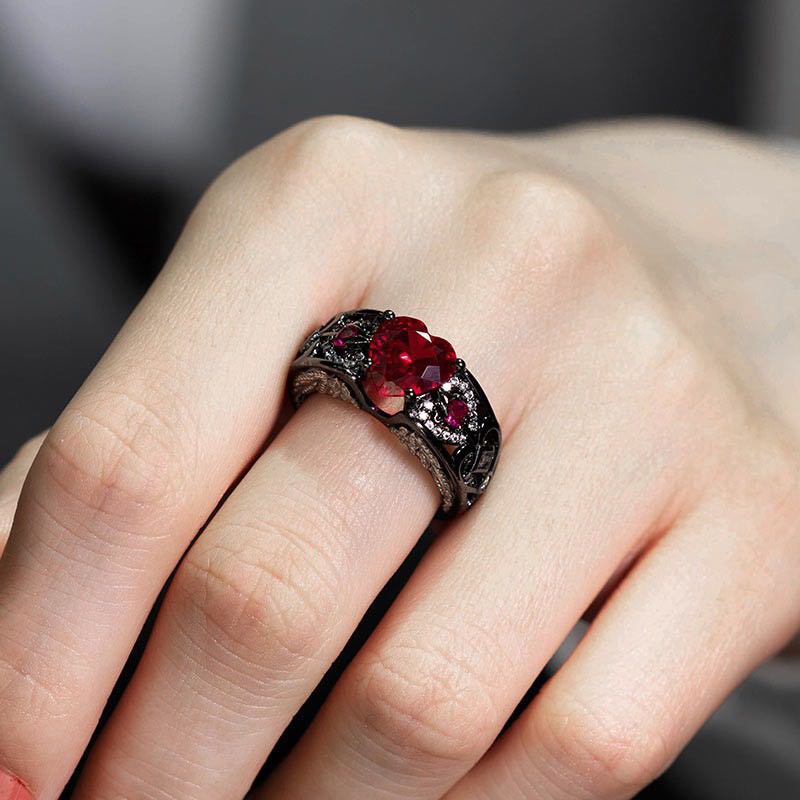 Black Gold Heart Shape Red Stones Love Couple Rings