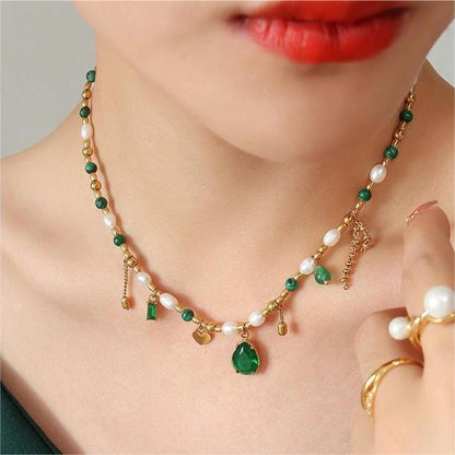 Emerald Pearl Beaded Non Fading Golden Necklace