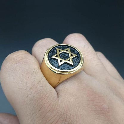 Gold Plated Titanium Steel Hexagram of David Ring for Men