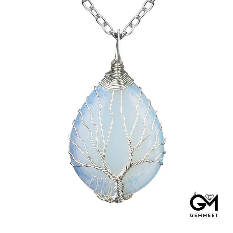 Wrapped Silk Tree of Life Opal Water Drop Necklace