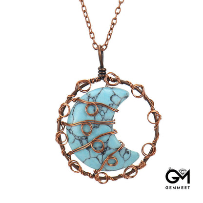 Copper Wire Crystal Moon Pendant Necklace