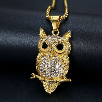 HIPHOP Jewelry Titanium Steel Gold Plated Inlaid Zircon Owl Pendant