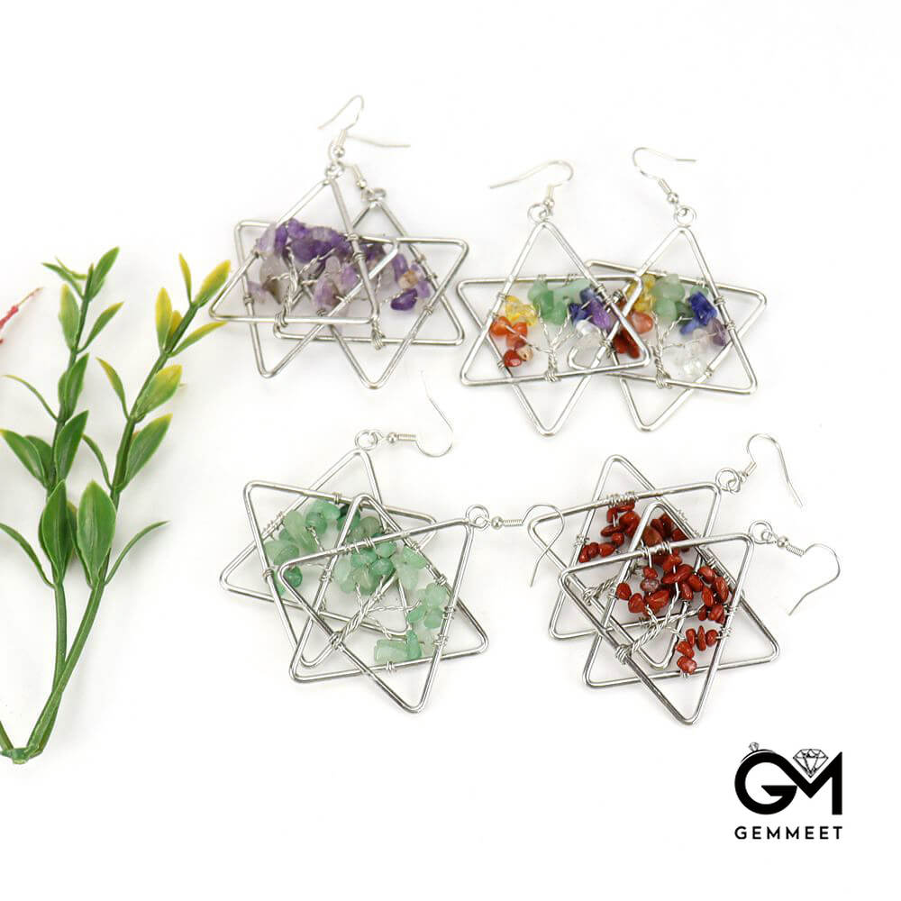 Hexagon Star Gravel Crystal Tree of Life Earrings